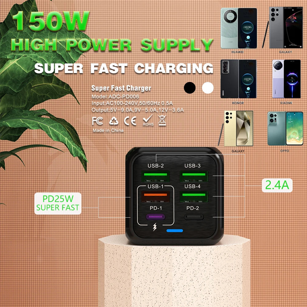 150W 6 Ports Pd QC 4.0 Usb C Fast Charger Wall Adapter