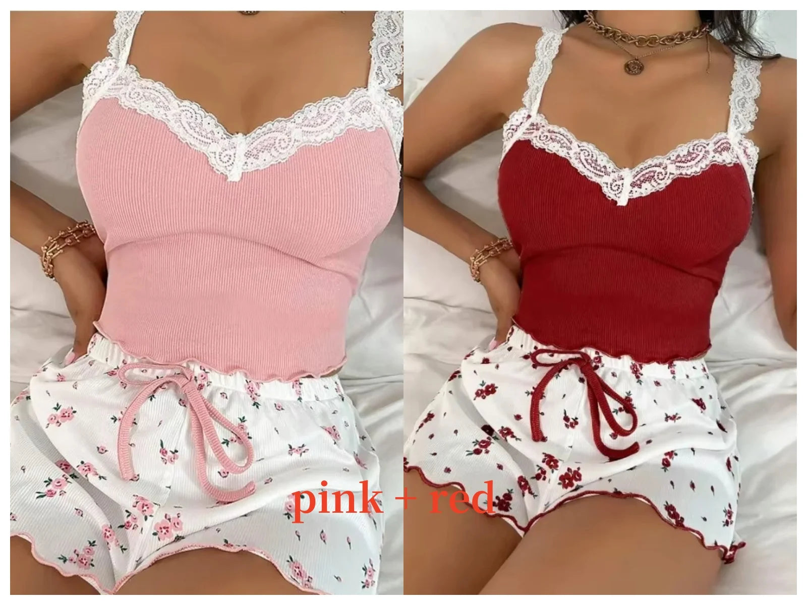 Women Pink Lace Patchwork V-Neck Sleepwear
