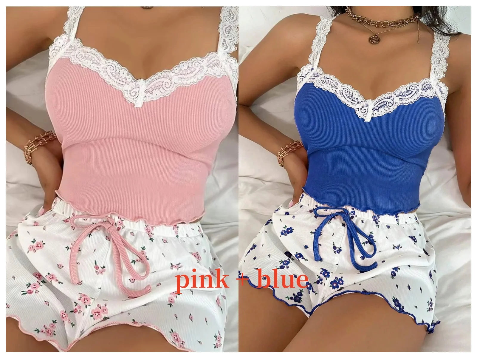 Women Pink Lace Patchwork V-Neck Sleepwear