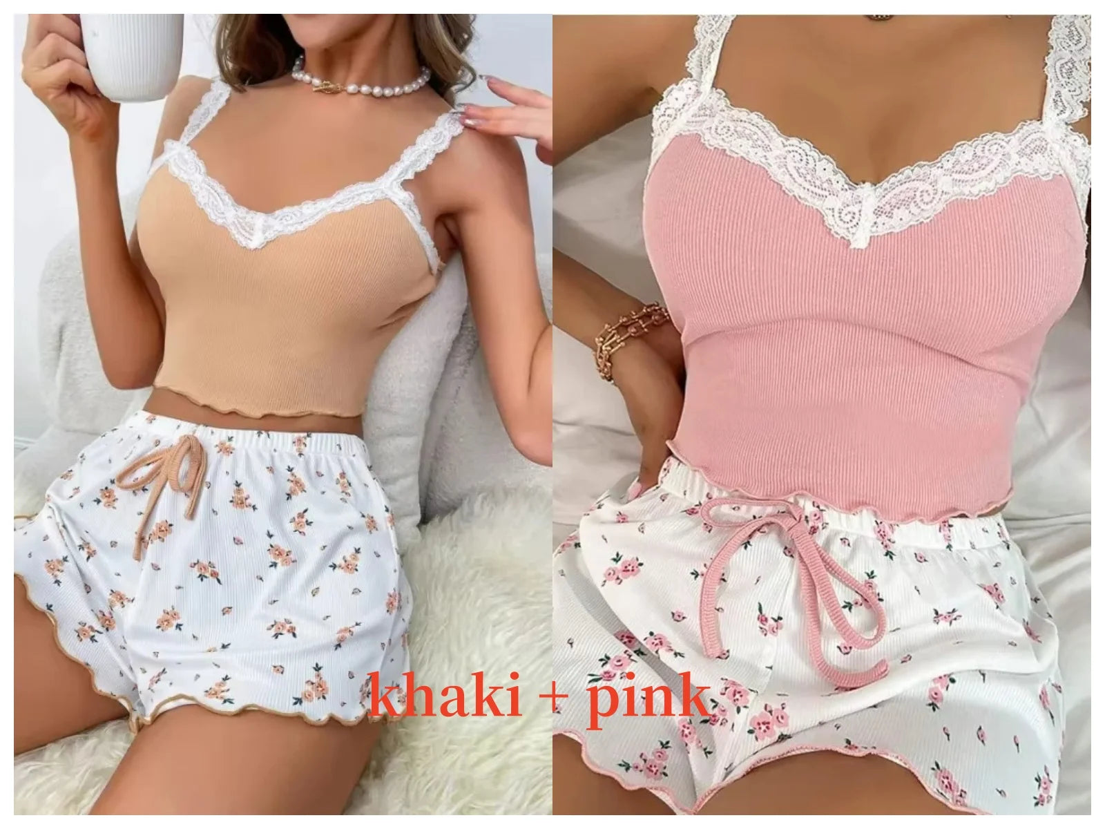 Women Pink Lace Patchwork V-Neck Sleepwear