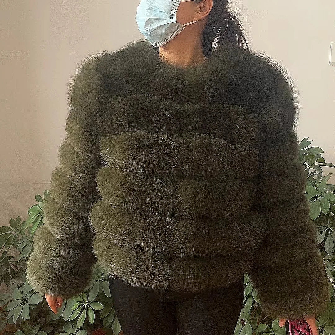 Women natural large wool fox fur coat