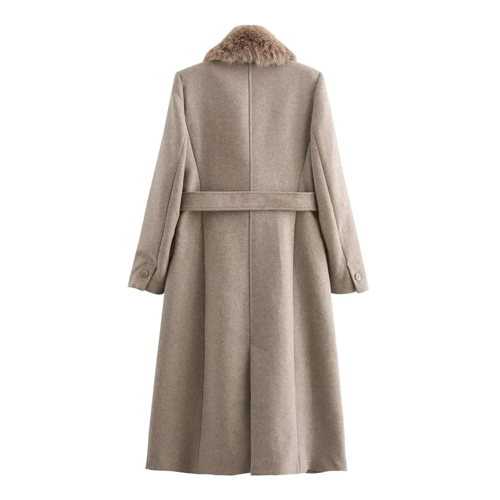 Women's Belt Warm Fur Collar Coat