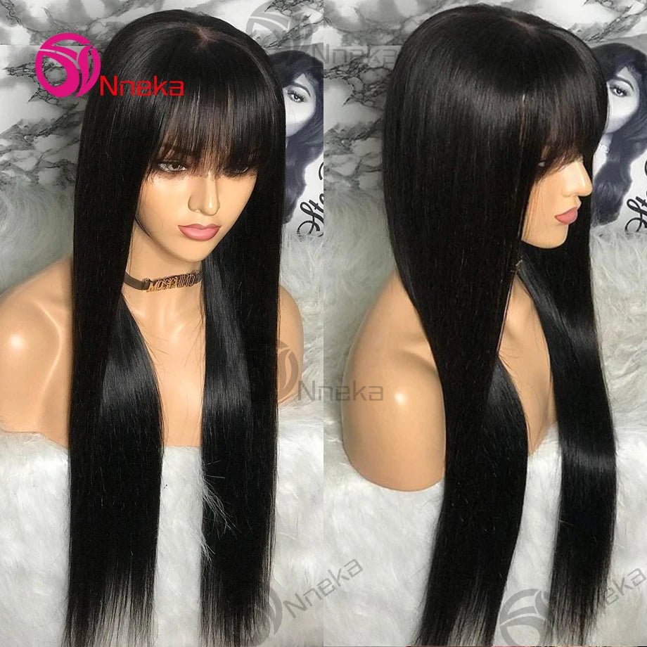 30 Inch Bone Straight Human Hair Wig with Bangs