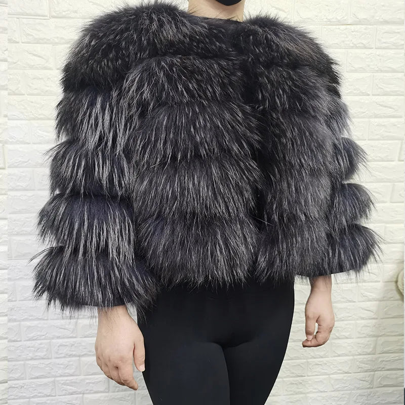 Women Luxury Thick Real Raccoon Fur Coat