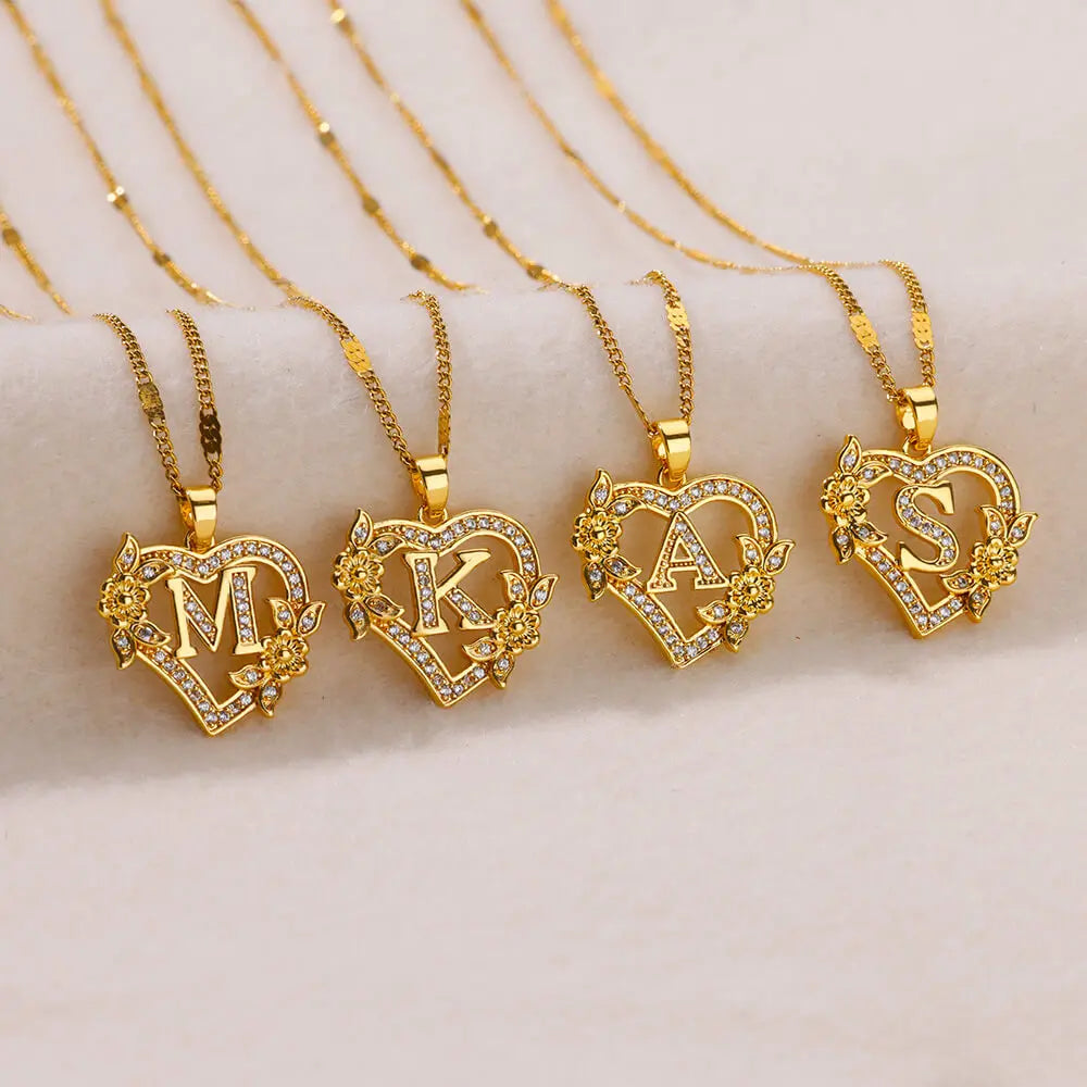 Zircon Flower Heart Initials Necklaces for Women