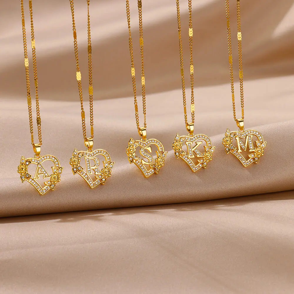Zircon Flower Heart Initials Necklaces for Women