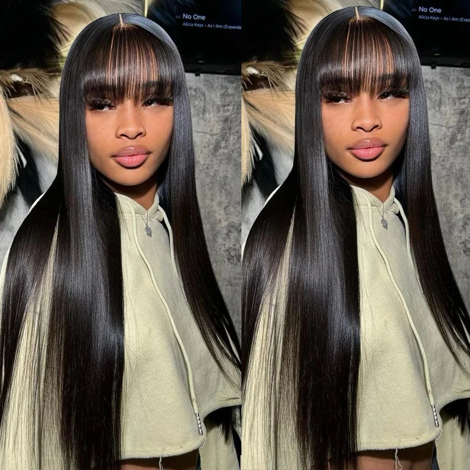 30 Inch Bone Straight Human Hair Wig with Bangs