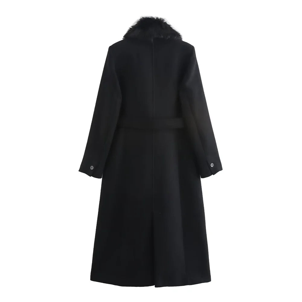 Women's Belt Warm Fur Collar Coat