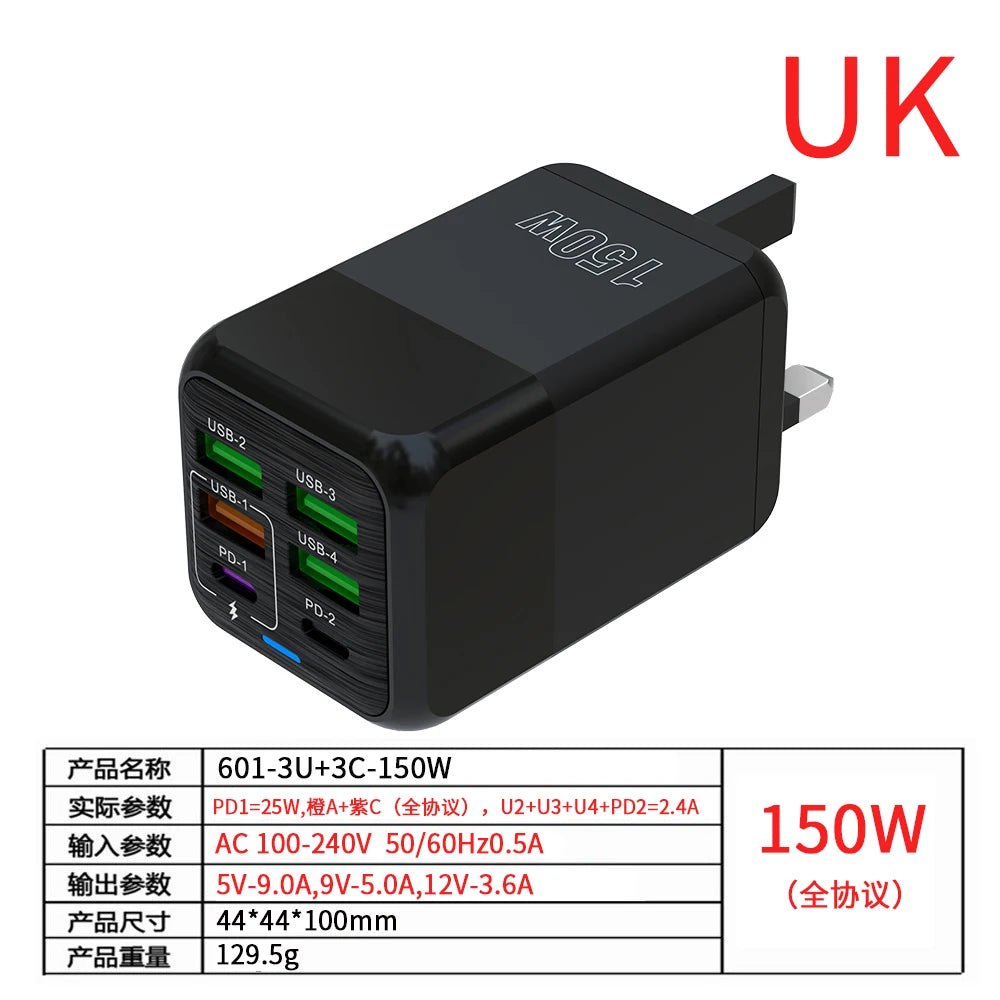 150W 6 Ports Pd QC 4.0 Usb C Fast Charger Wall Adapter