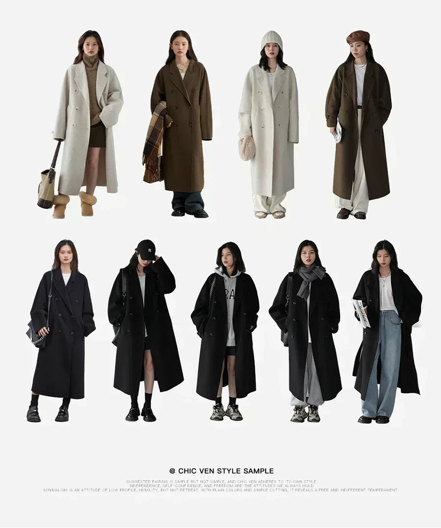 Women Long Double-sided Woolen Coats