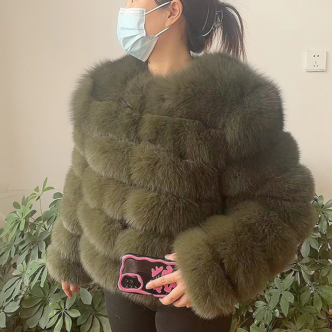 Women natural large wool fox fur coat