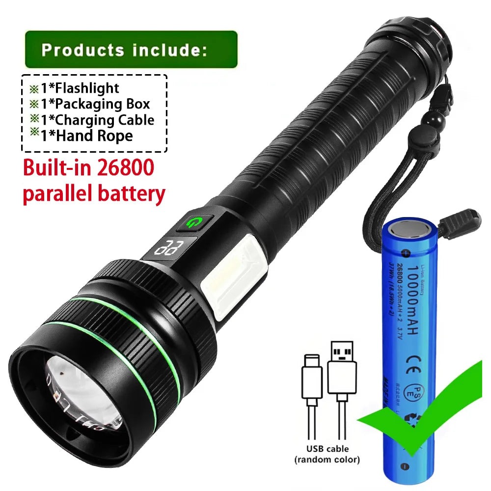 Professional High-Power Tactical LED Flashlight - 1500M Range, USB-C Power Bank