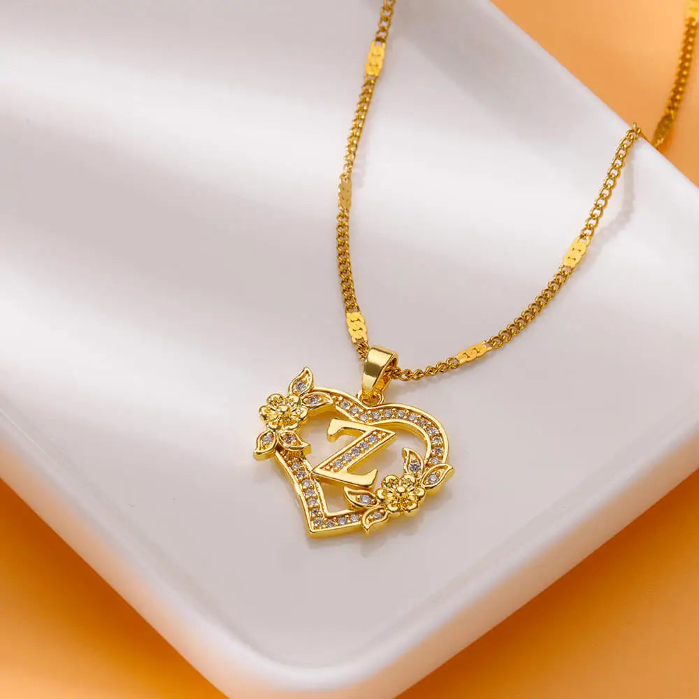 Zircon Flower Heart Initials Necklaces for Women