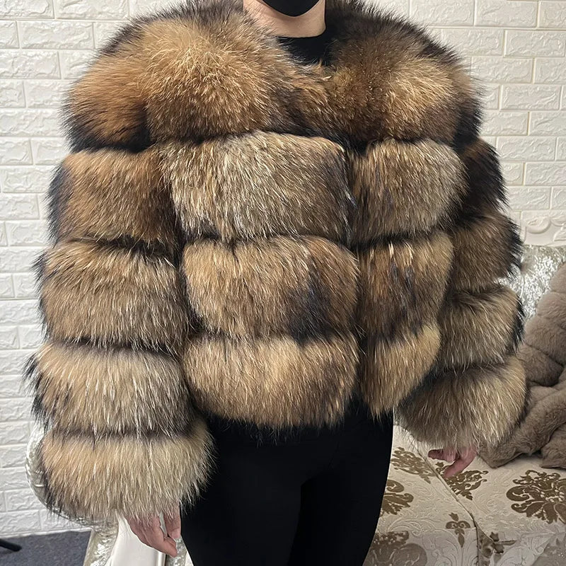 Women Luxury Thick Real Raccoon Fur Coat