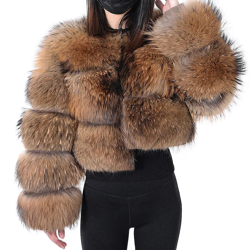 Women Luxury Thick Real Raccoon Fur Coat