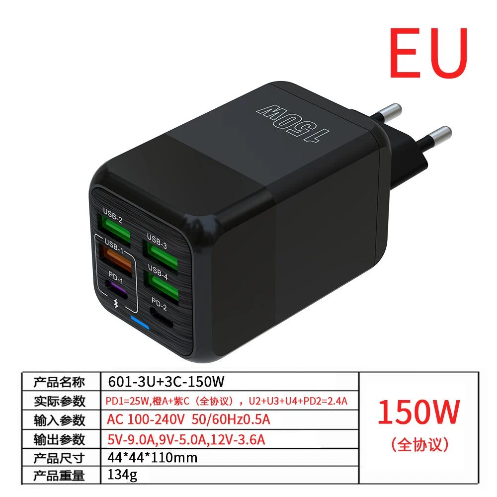 150W 6 Ports Pd QC 4.0 Usb C Fast Charger Wall Adapter