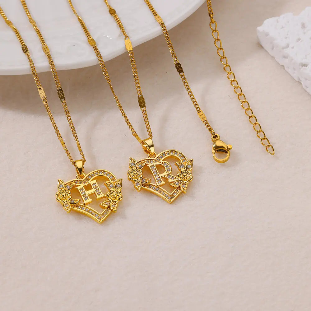Zircon Flower Heart Initials Necklaces for Women