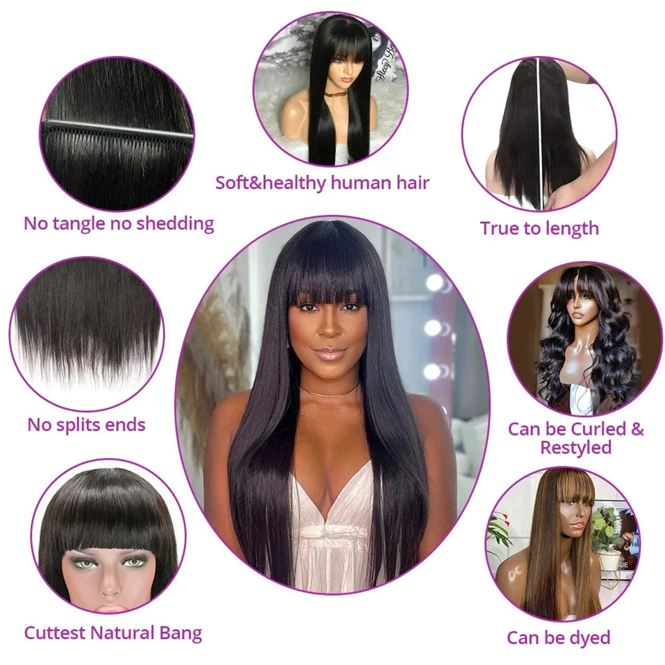 30 Inch Bone Straight Human Hair Wig with Bangs