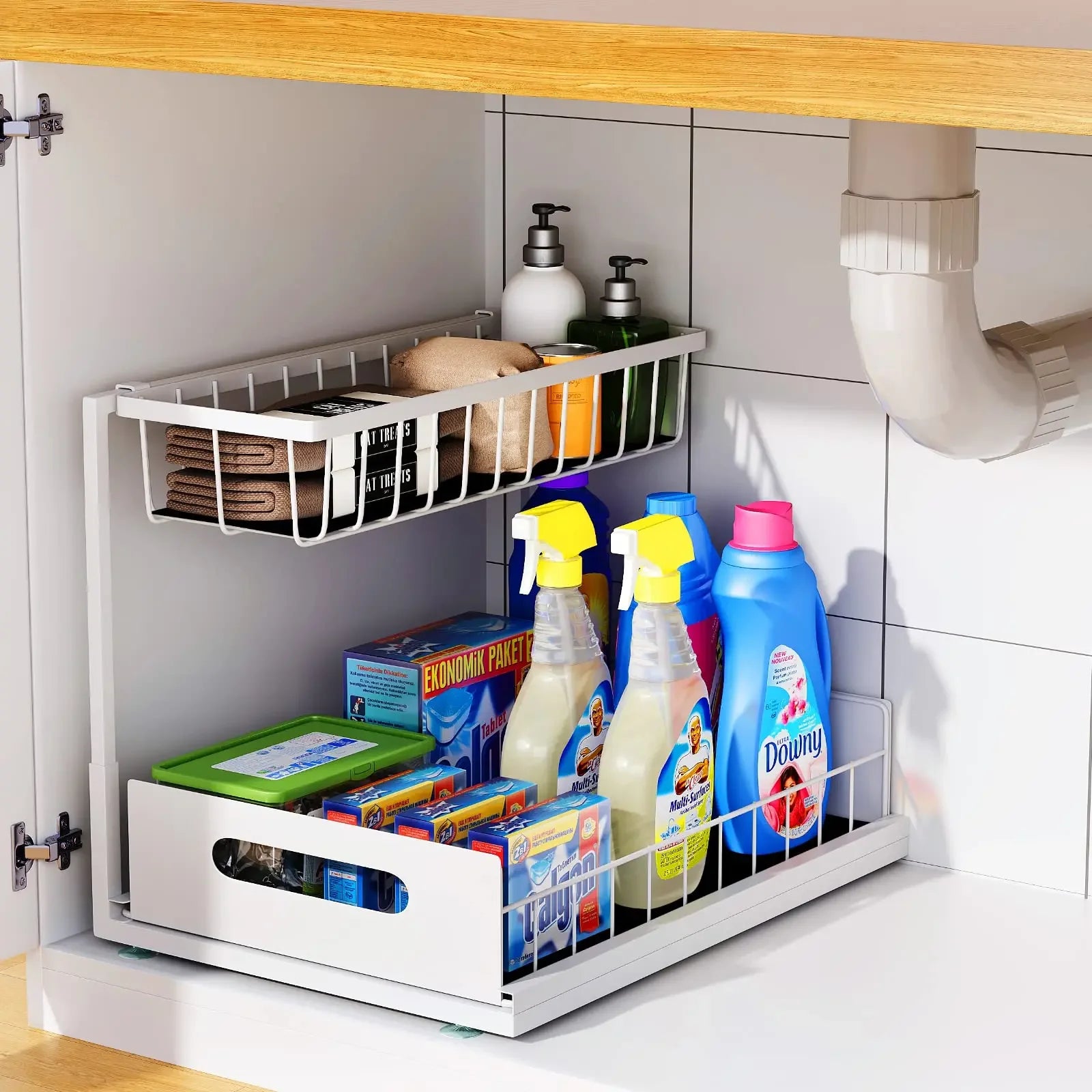 Under Sink 2 Tier Sliding Cabinet Basket