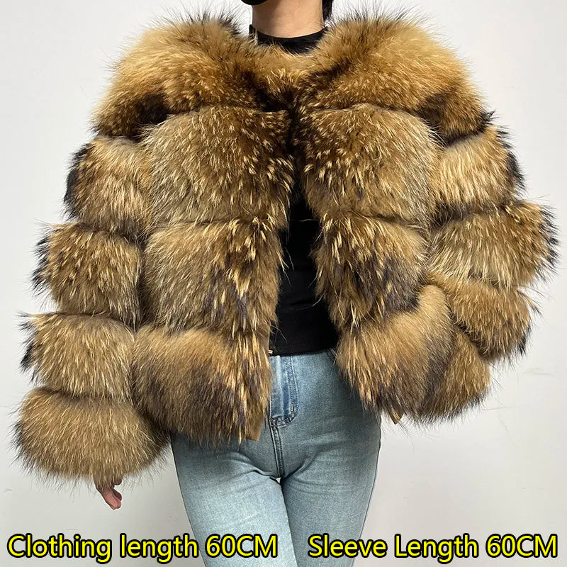 Women Luxury Thick Real Raccoon Fur Coat