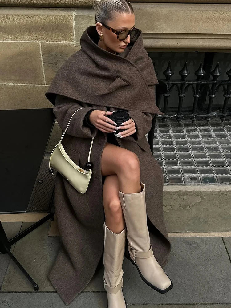 Women Elegant Shoulder Pad Wool Blend Overcoat