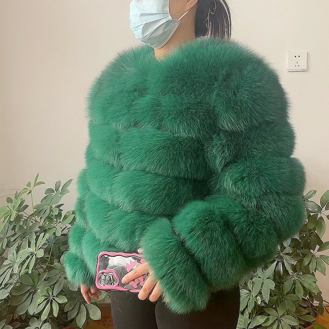 Women natural large wool fox fur coat