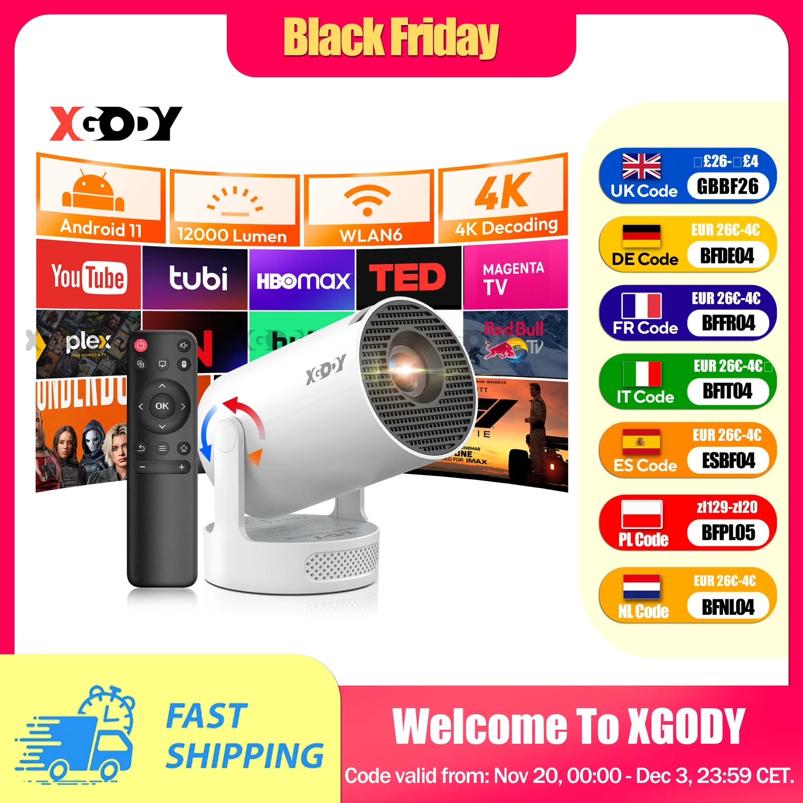 XGODY 4K/1080P LED Projector