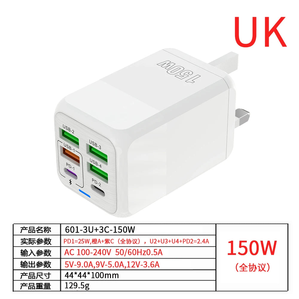 150W 6 Ports Pd QC 4.0 Usb C Fast Charger Wall Adapter