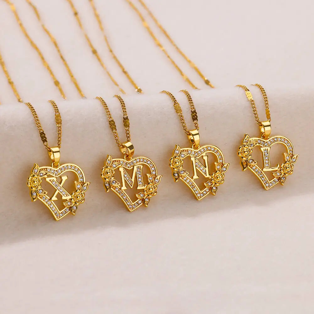 Zircon Flower Heart Initials Necklaces for Women