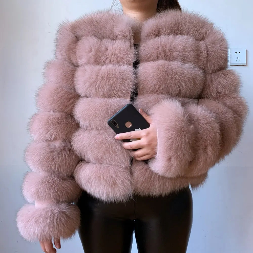 Women natural large wool fox fur coat