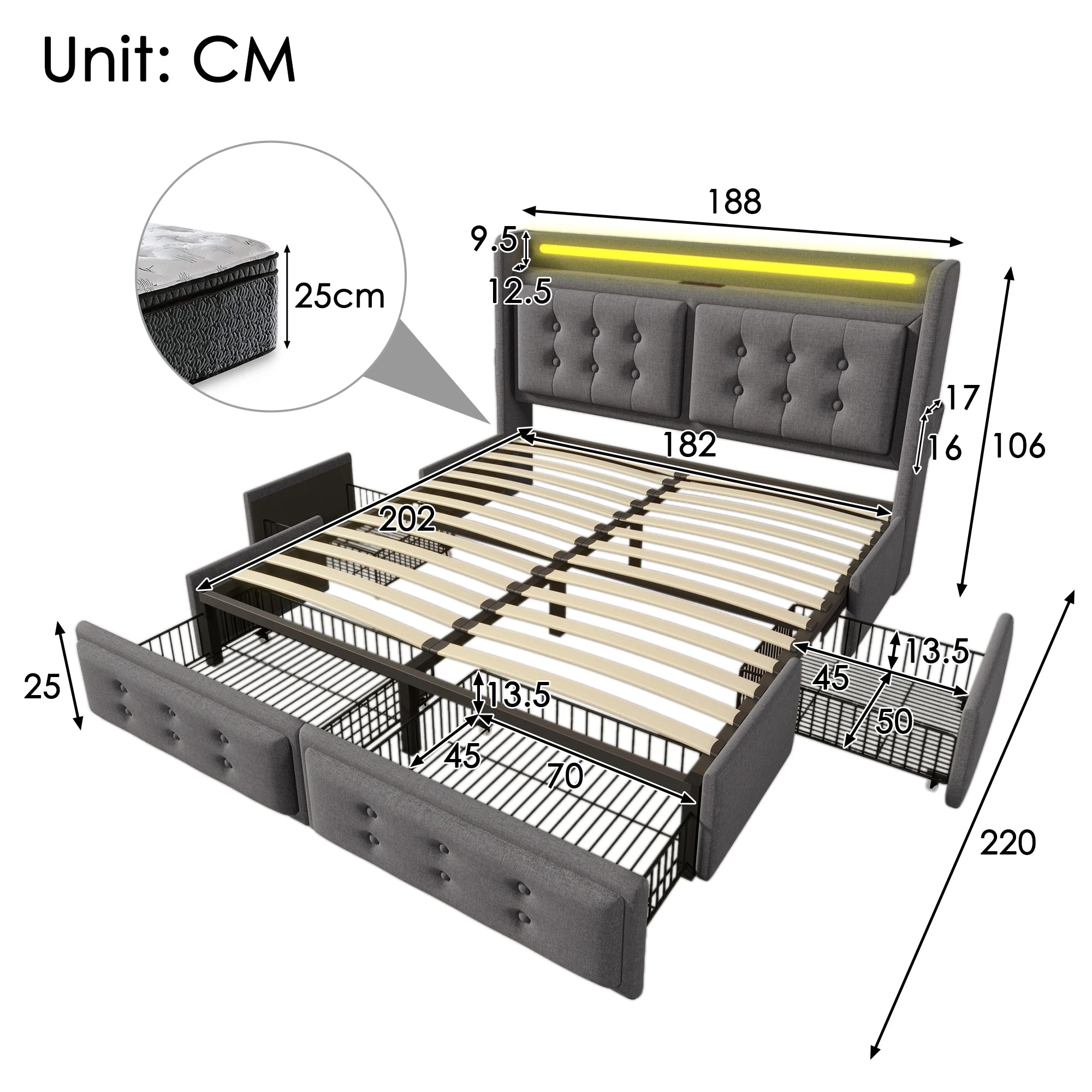 180x200 Double LED Headboard USB C 4 Drawers Storage Bed