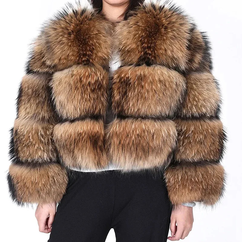 Women Luxury Thick Real Raccoon Fur Coat