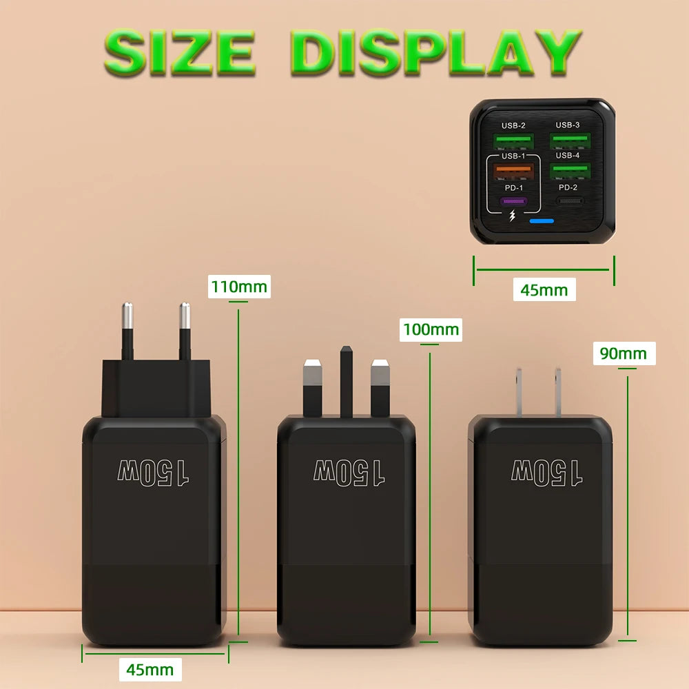 150W 6 Ports Pd QC 4.0 Usb C Fast Charger Wall Adapter