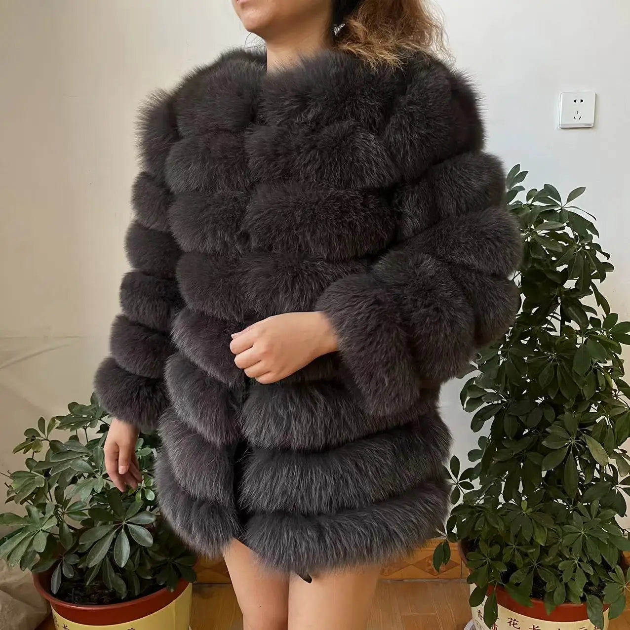 Women Fashion Real Natural Fox Fur Long Coat