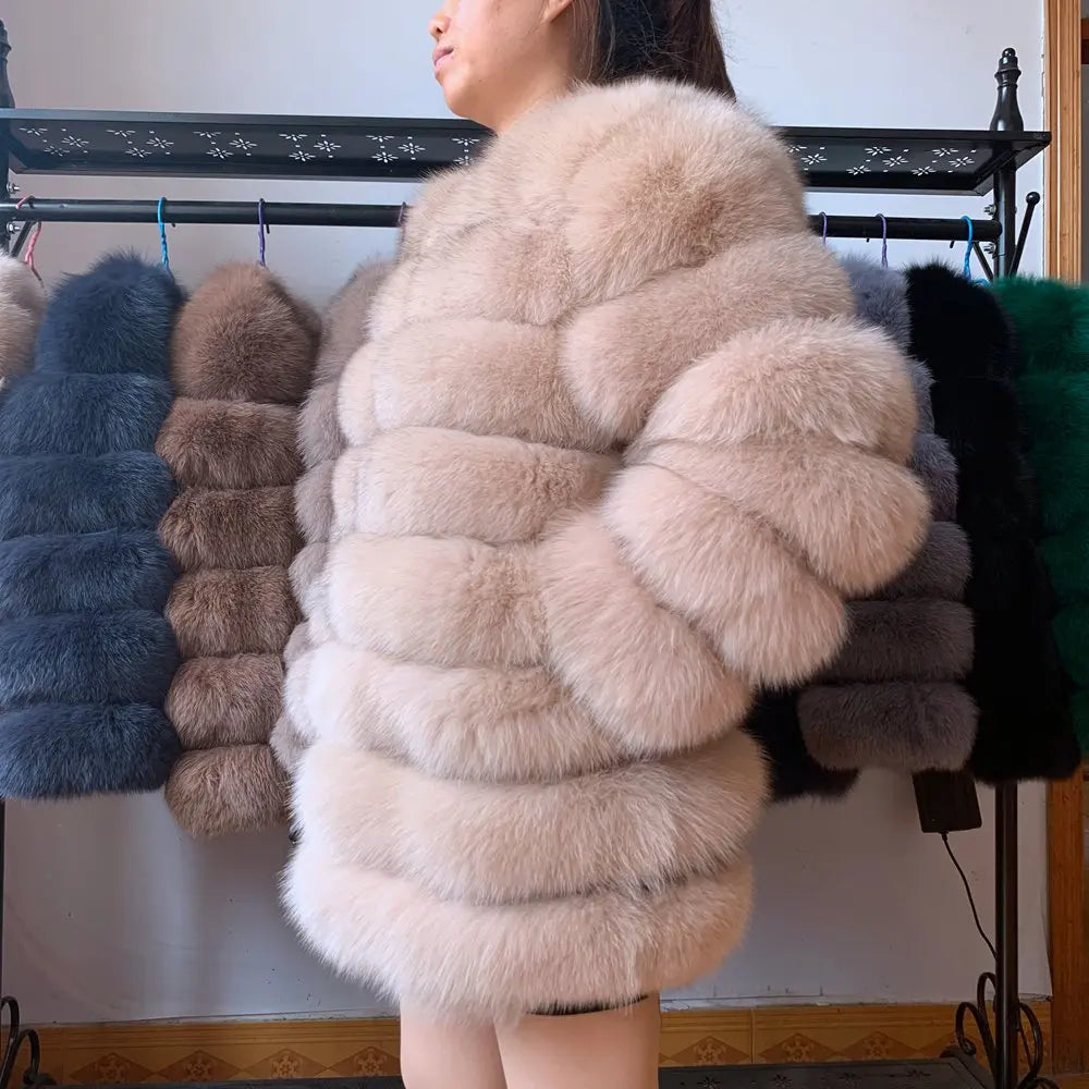 Women Fashion Real Natural Fox Fur Long Coat
