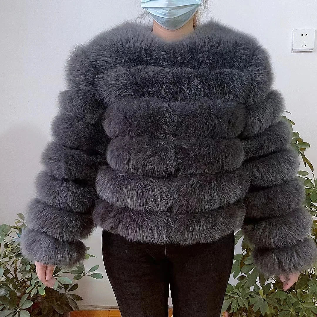 Women natural large wool fox fur coat