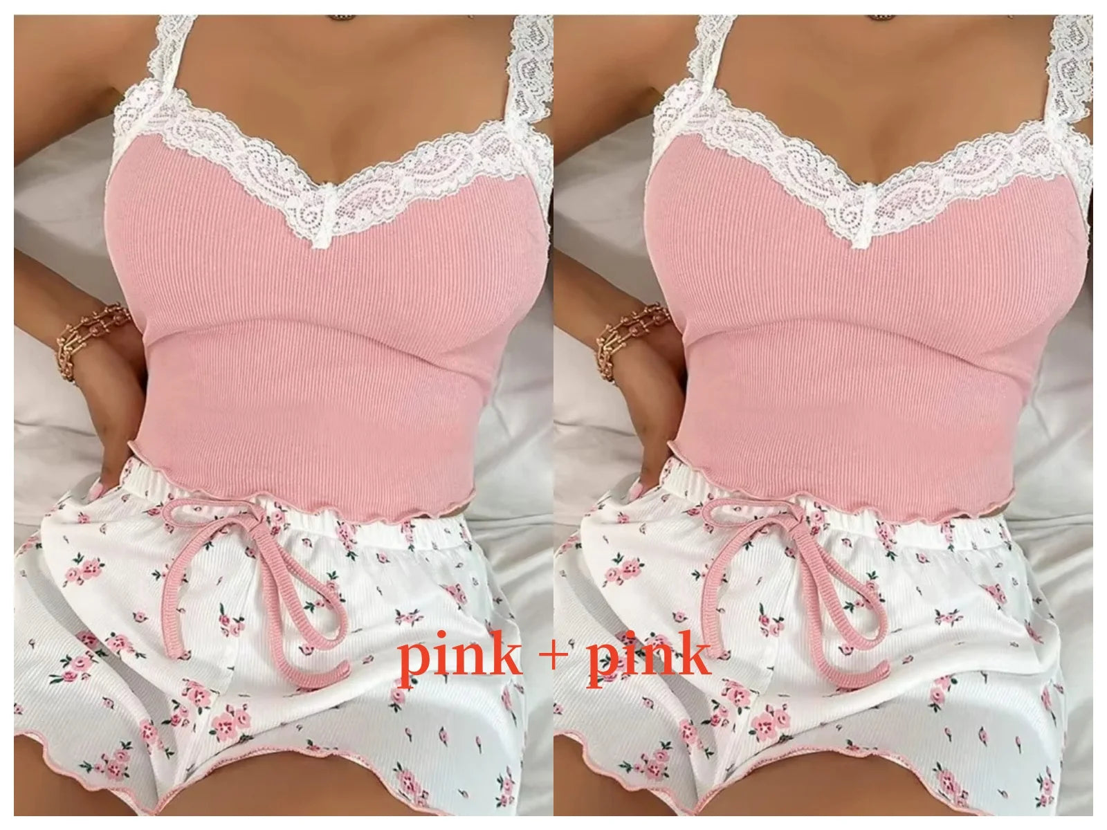 Women Pink Lace Patchwork V-Neck Sleepwear