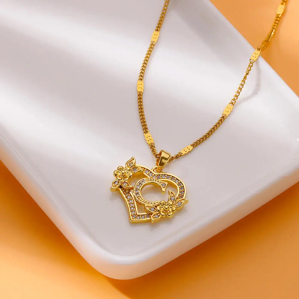 Zircon Flower Heart Initials Necklaces for Women