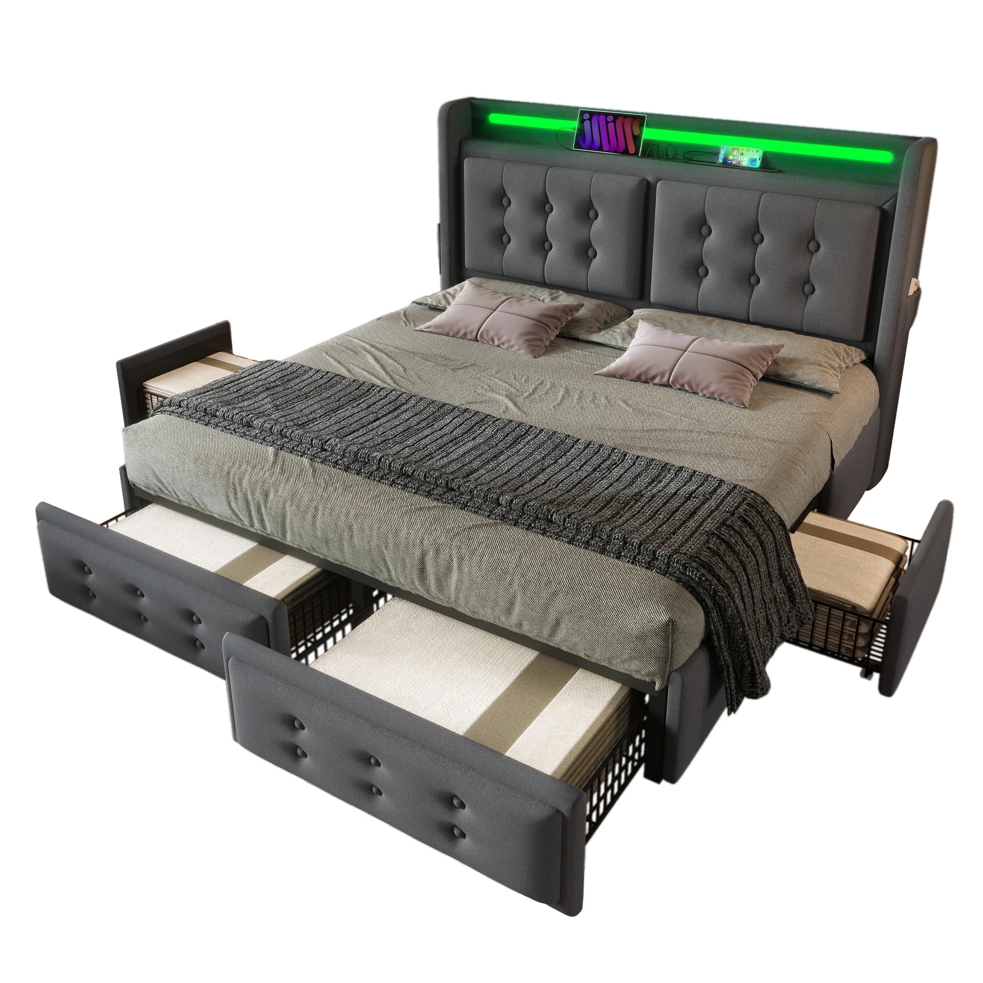 180x200 Double LED Headboard USB C 4 Drawers Storage Bed