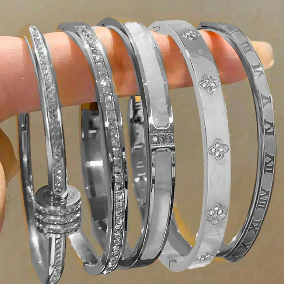 New Sparkling Zirconia Stainless Steel Bracelet Set