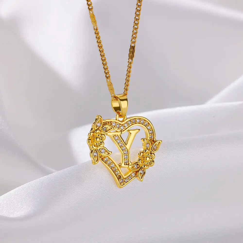 Zircon Flower Heart Initials Necklaces for Women