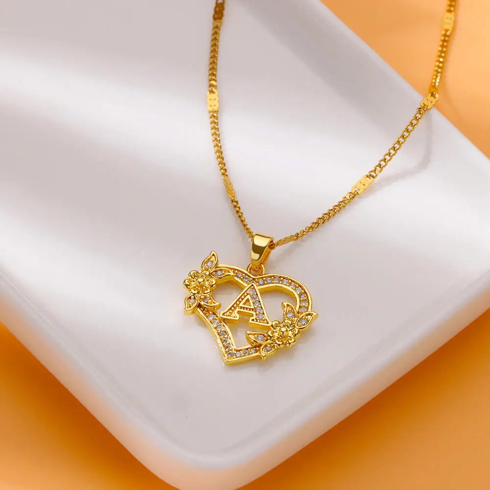 Zircon Flower Heart Initials Necklaces for Women