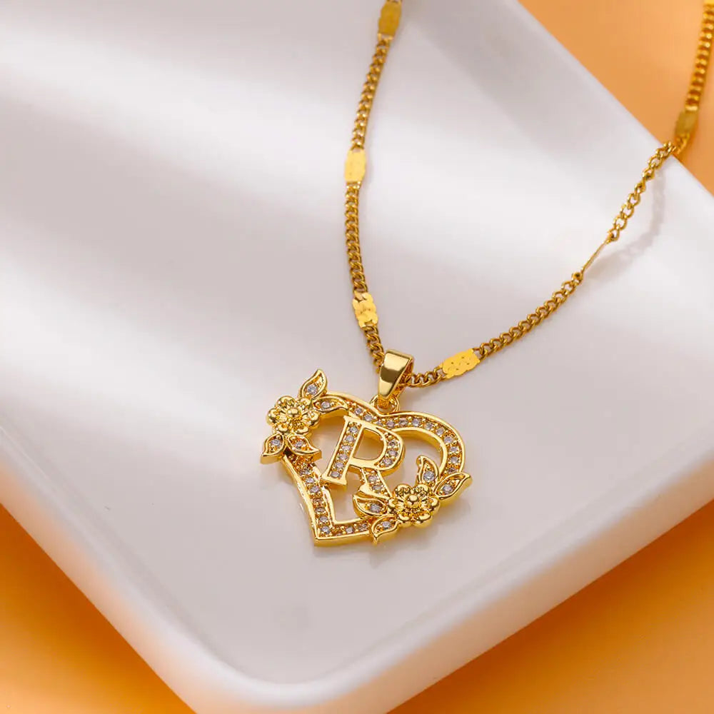 Zircon Flower Heart Initials Necklaces for Women