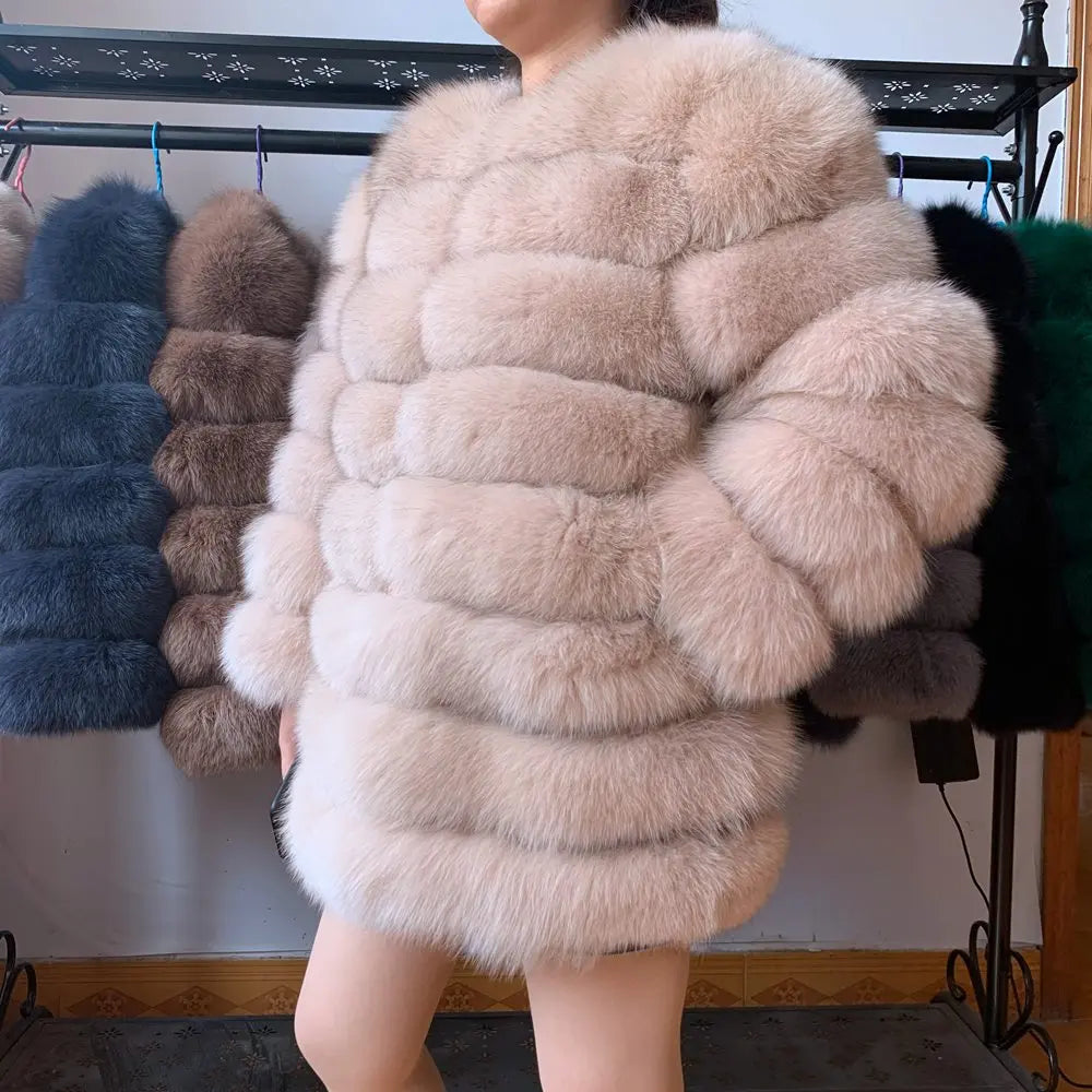 Women Fashion Real Natural Fox Fur Long Coat