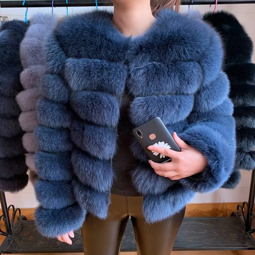 Women natural large wool fox fur coat