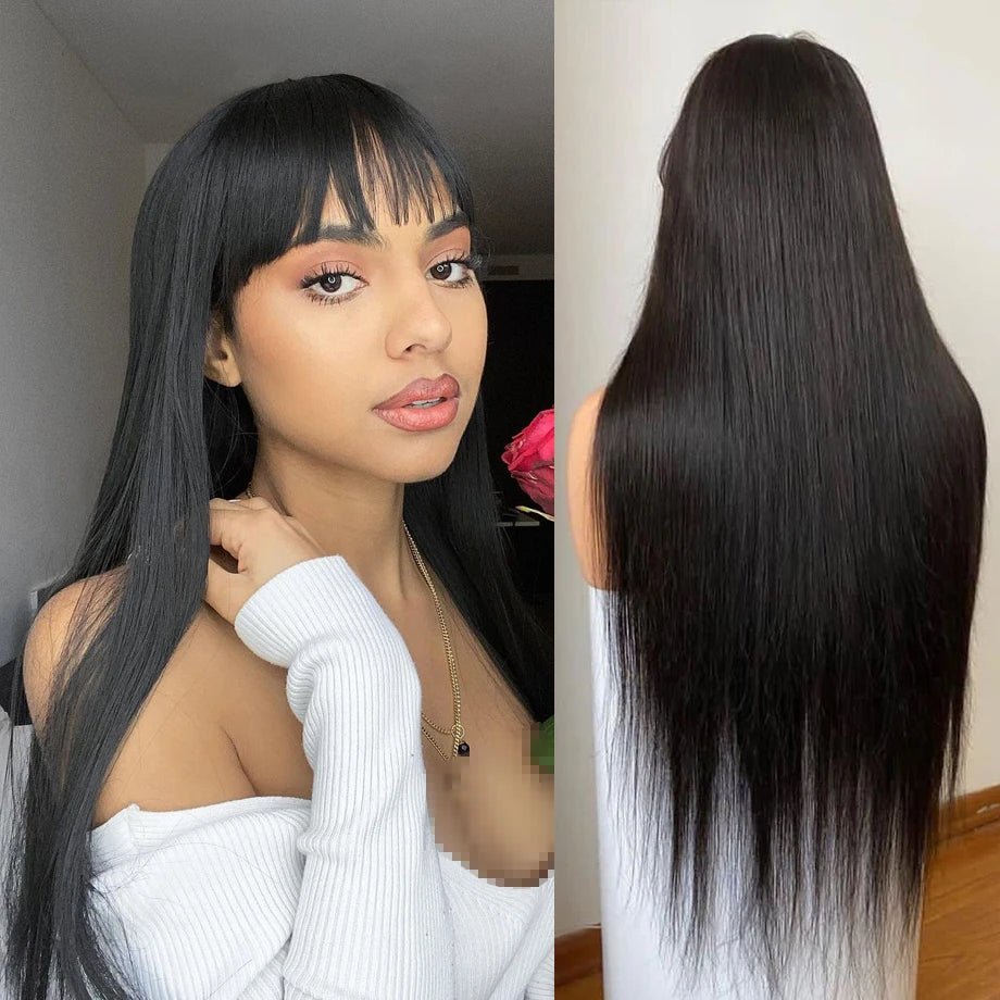 30 Inch Bone Straight Human Hair Wig with Bangs