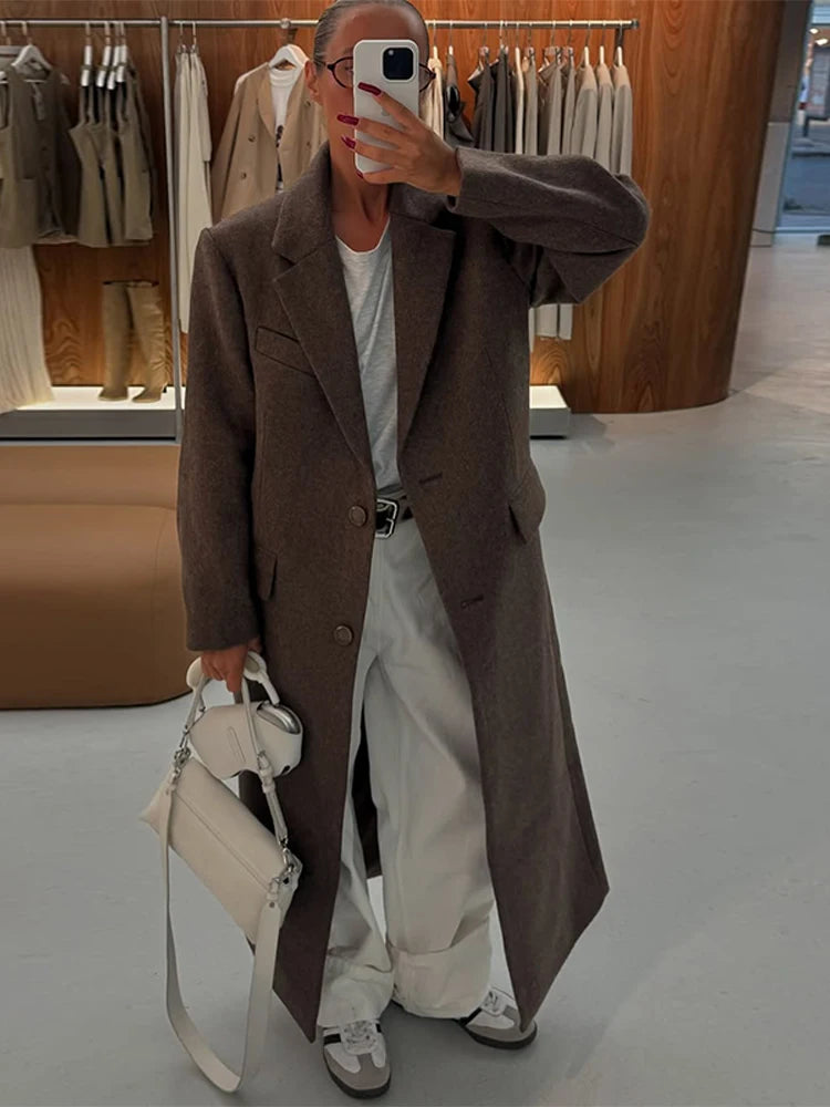 Women Elegant Shoulder Pad Wool Blend Overcoat