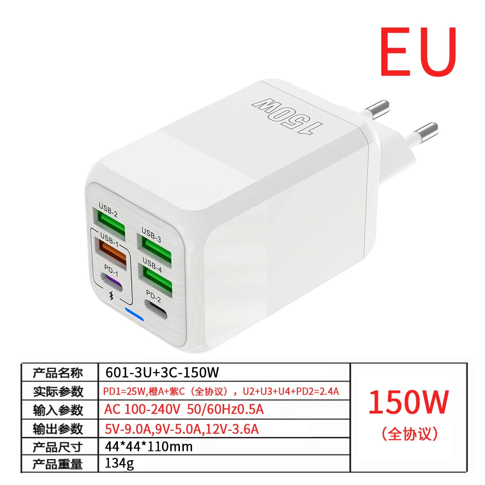 150W 6 Ports Pd QC 4.0 Usb C Fast Charger Wall Adapter