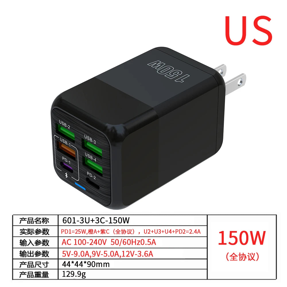 150W 6 Ports Pd QC 4.0 Usb C Fast Charger Wall Adapter