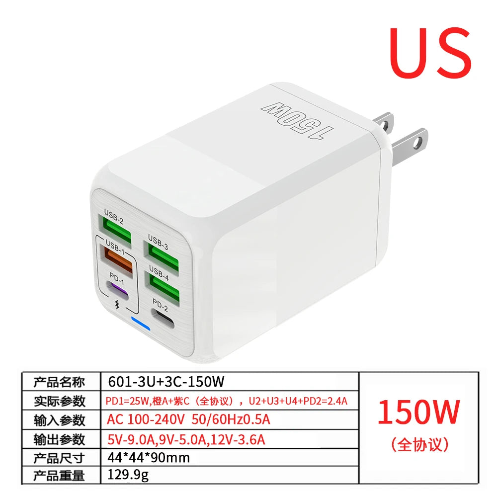 150W 6 Ports Pd QC 4.0 Usb C Fast Charger Wall Adapter